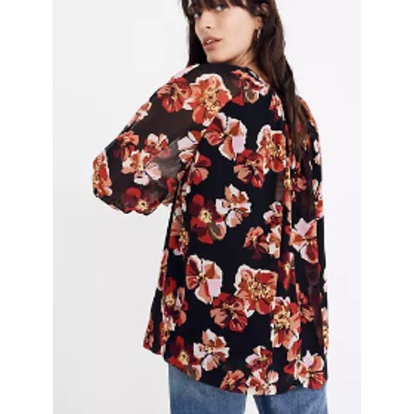 MADEWELL Tie-Back Bubble-Sleeve Top in French Rose XXS Black Floral - Picture 1 of 5